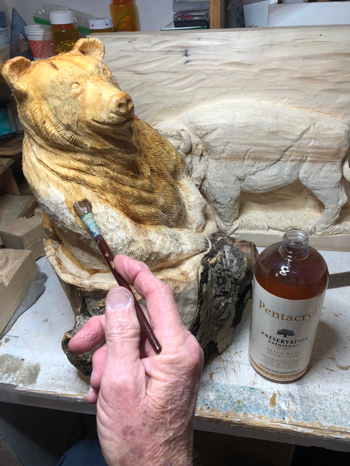 brushing pentacryl on an aspen carving of a bear to prevent cracking
