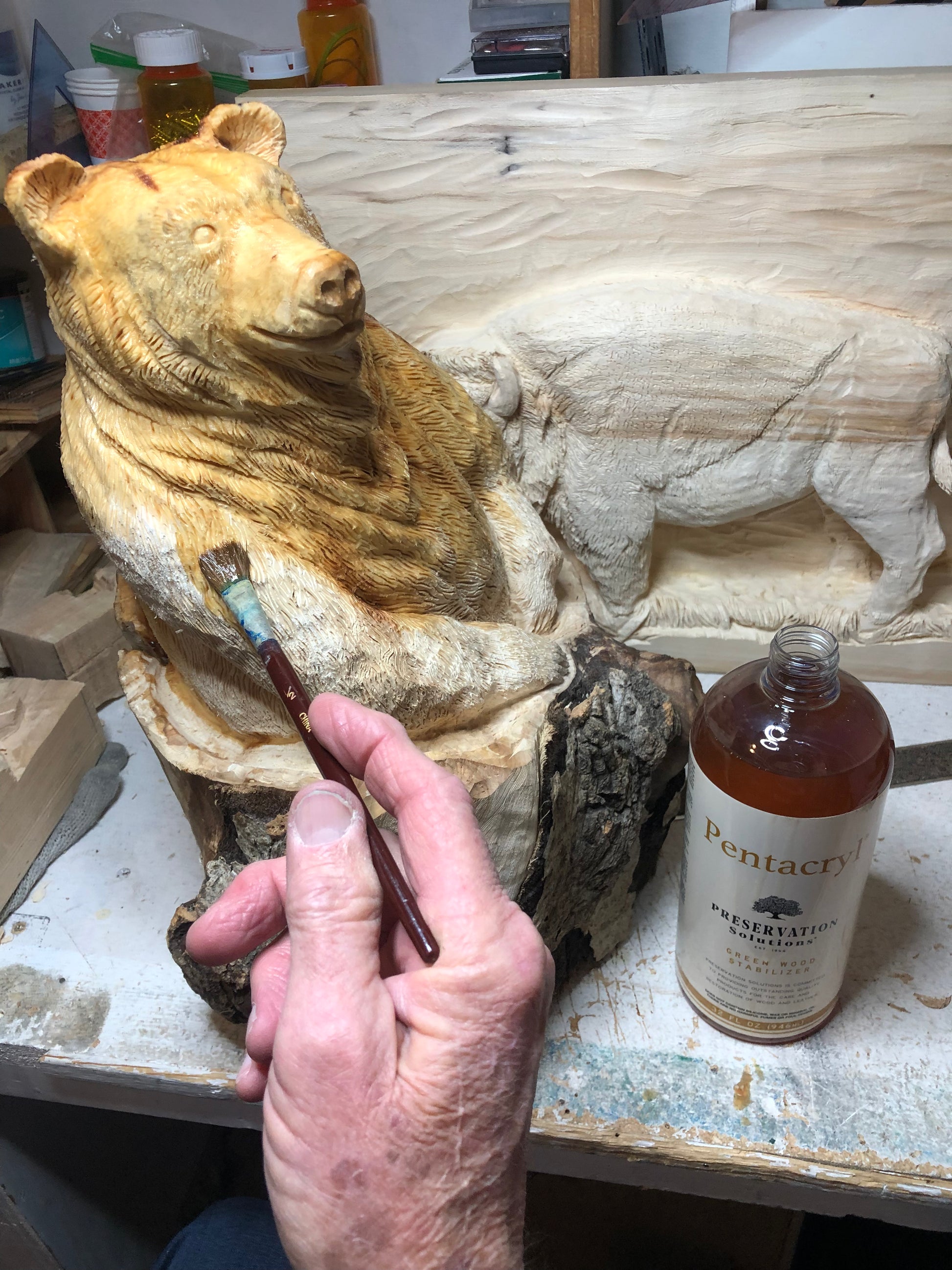 brushing pentacryl on an aspen carving of a bear to prevent cracking